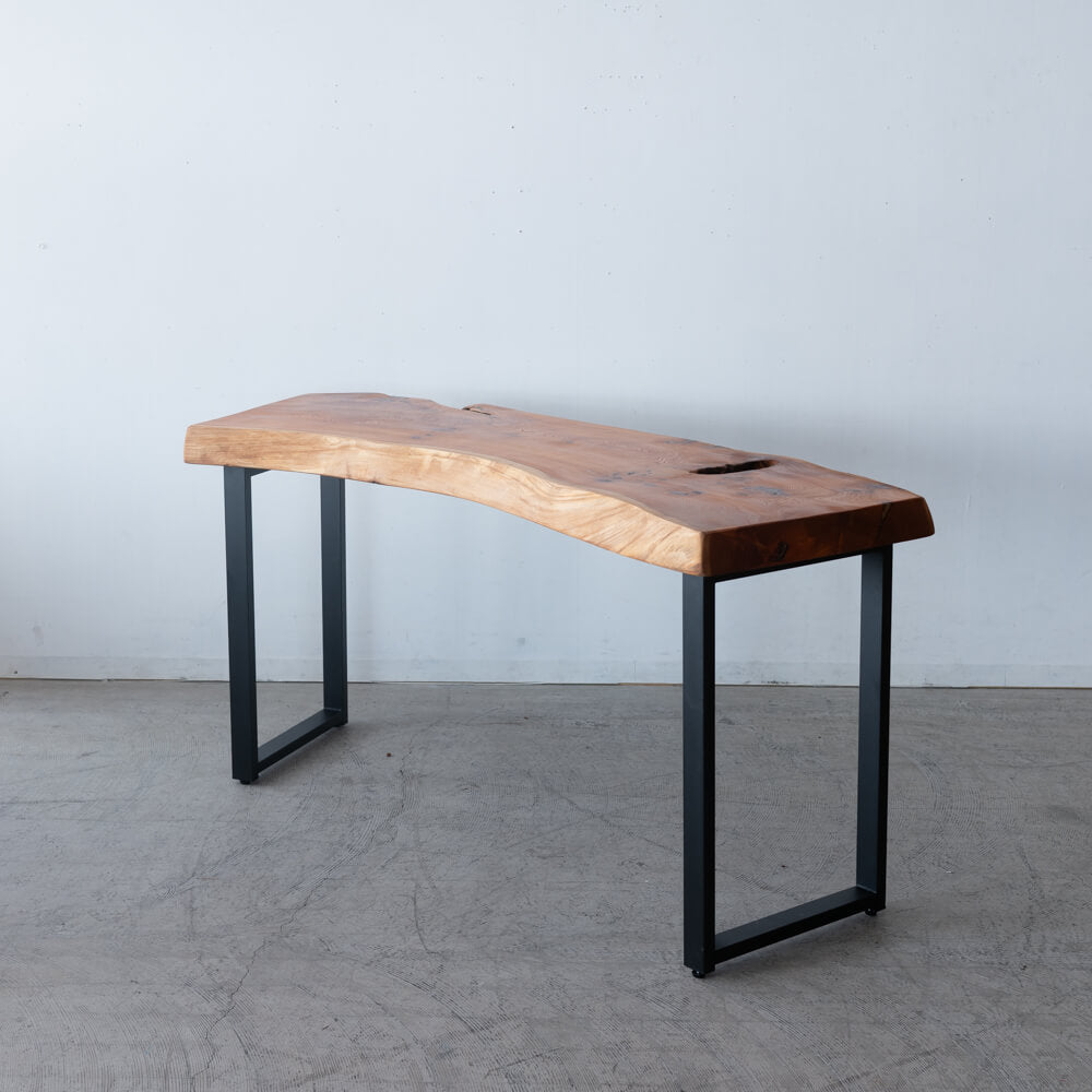 【アップサイクル品】ケヤキ一枚板 デスク 幅164cm|両耳付き・天板厚75mm/オイル仕上げ・ブラックアイアン脚