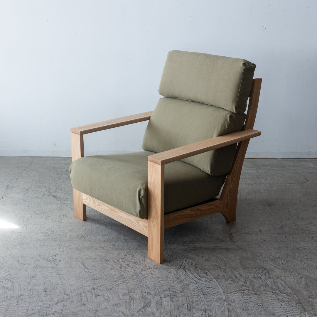 【現品SALE】松本木工 WOOD HOUSE ウッドハウス ハイバック1Pソファ|アッシュ材/ナチュラルオイル/帆布グリーン(ランク2)SH430