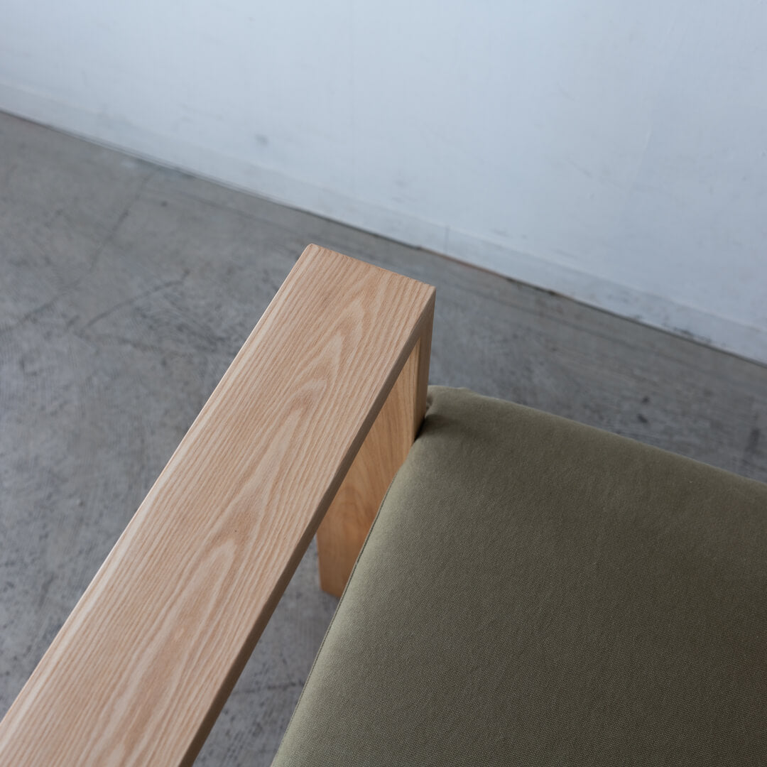【現品SALE】松本木工 WOOD HOUSE ウッドハウス ハイバック1Pソファ|アッシュ材/ナチュラルオイル/帆布グリーン(ランク2)SH430