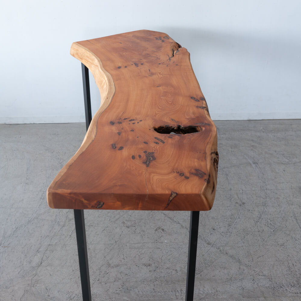 【アップサイクル品】ケヤキ一枚板 デスク 幅164cm｜両耳付き・天板厚75mm／オイル仕上げ・ブラックアイアン脚