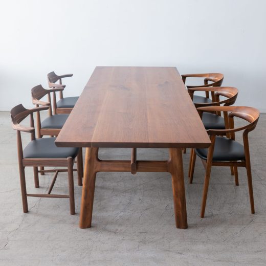 【現品SALE】木馬舎 ダイニング7点セット 幅240cm｜4レッグテーブル＋ハヤブサチェア3脚＋シズクルチェア3脚／ウォールナット・本革ブラック