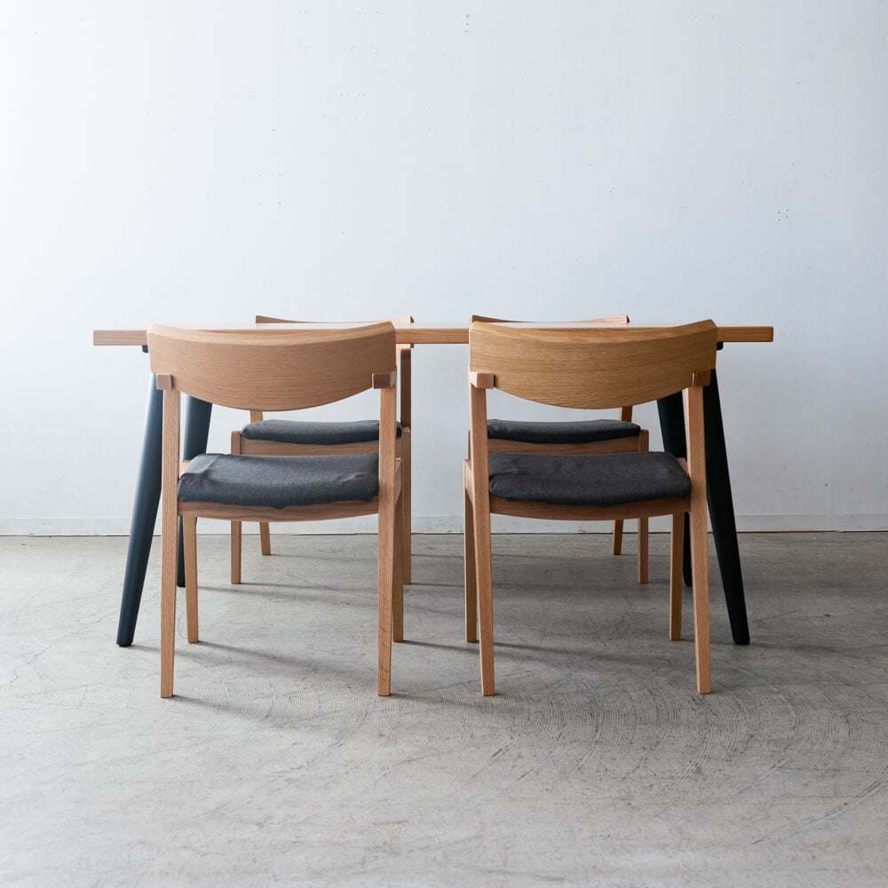 【現品SALE】ダイニング5点セット 165cm RECROテーブル 木脚4本脚＋Hチェア4脚 オーク材 / ウレタン塗装｜HIDAKAGU