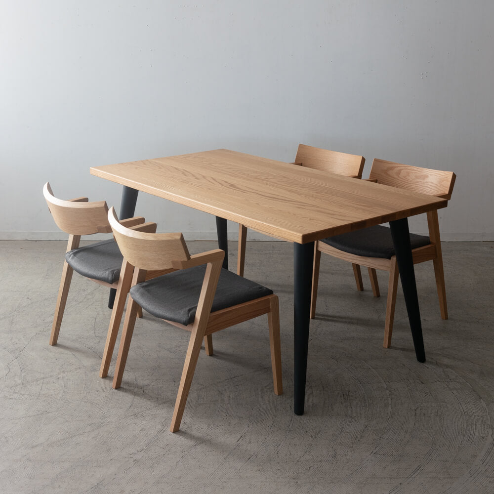 【現品SALE】ダイニング5点セット 165cm RECROテーブル 木脚4本脚＋Hチェア4脚 オーク材 / ウレタン塗装｜HIDAKAGU