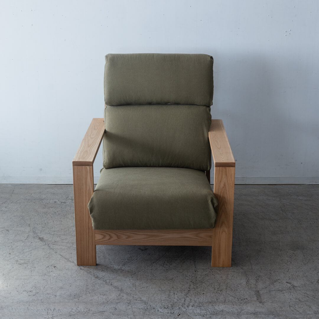 【現品SALE】松本木工 WOOD HOUSE ウッドハウス ハイバック1Pソファ｜アッシュ材／ナチュラルオイル／帆布グリーン（ランク2）SH430
