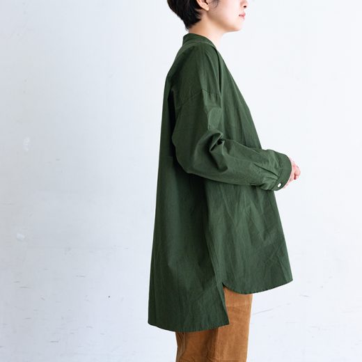 オーガニックコットン バンドカラーオーバーシャツ（エバーグリーン）【ユニセックス】