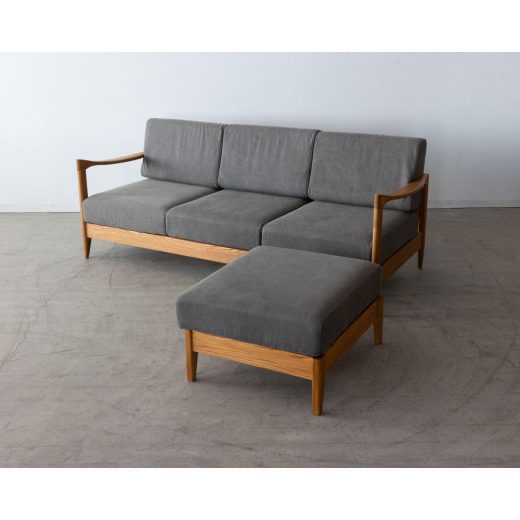 ［現品SALE］ファルコ ソファセット（ソファ＋オットマン＋コーヒーテーブル） アッシュ無垢材（NA色）ウレタン塗装 張地：帆布グレー