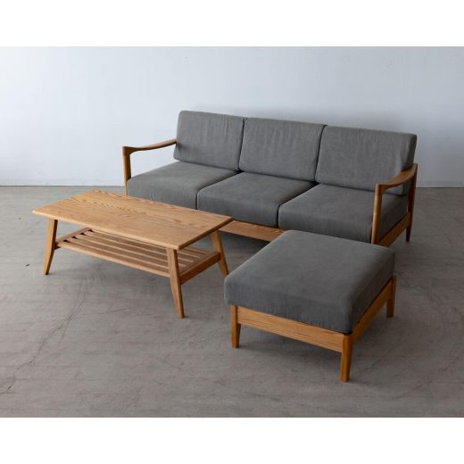 ［現品SALE］ファルコ ソファセット（ソファ＋オットマン＋コーヒーテーブル） アッシュ無垢材（NA色）ウレタン塗装 張地：帆布グレー
