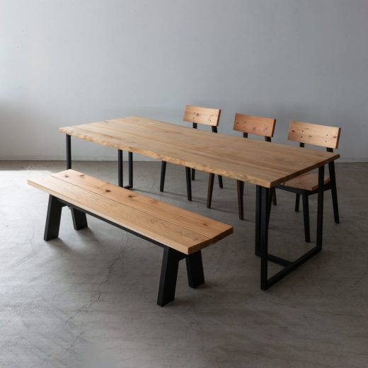ダイニング5点セット ウダイカンバ（マカバ）（L-9）アイアン口型2本脚: ベンチ 杉×ビーチ : チェア ×3