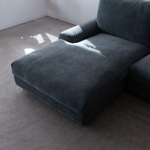 ［現品SALE］マルゴソファ ワンアームカウチ1080（L）＋1890（R）脚BR / 張地ウネ ブルー