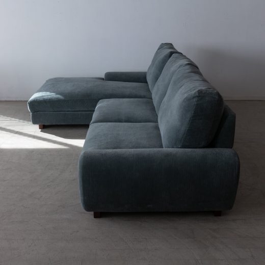 ［現品SALE］マルゴソファ ワンアームカウチ1080（L）＋1890（R）脚BR / 張地ウネ ブルー