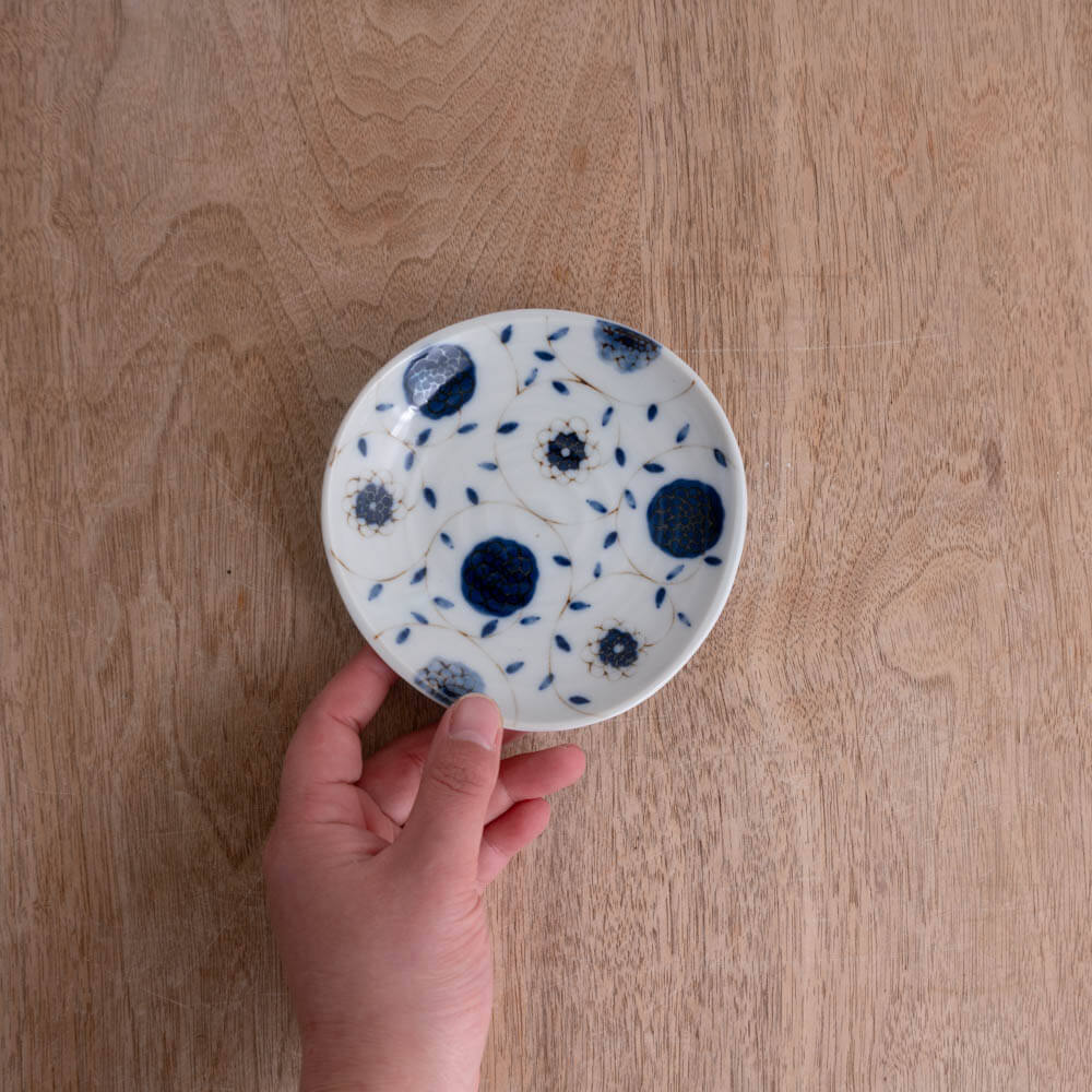 【WEB限定】藍更紗 三ツ山4寸皿 -器市-