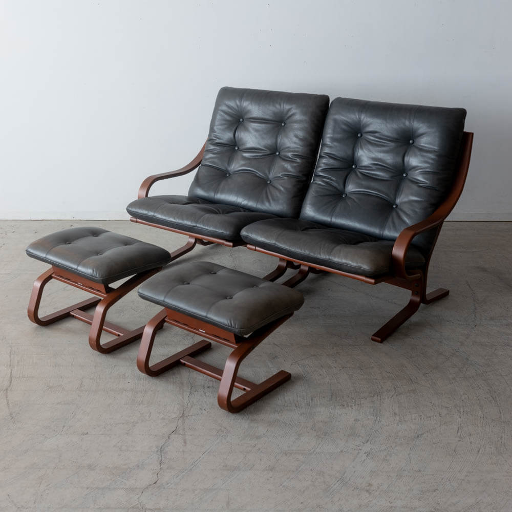 ［リユース品］Agioワイド 左肘ソファ＋右肘ソファ＋スツール×2 ブラックチェリー材 BC色 総本革エージングオイル OL80