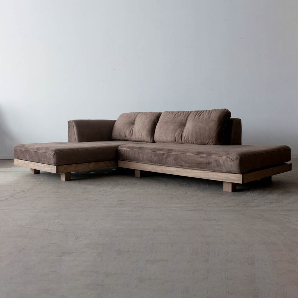 ［現品SALE］コロン カウチソファ（L）＋ シェーズロング（R） アッシュ材 / グレー張地：マーブル10