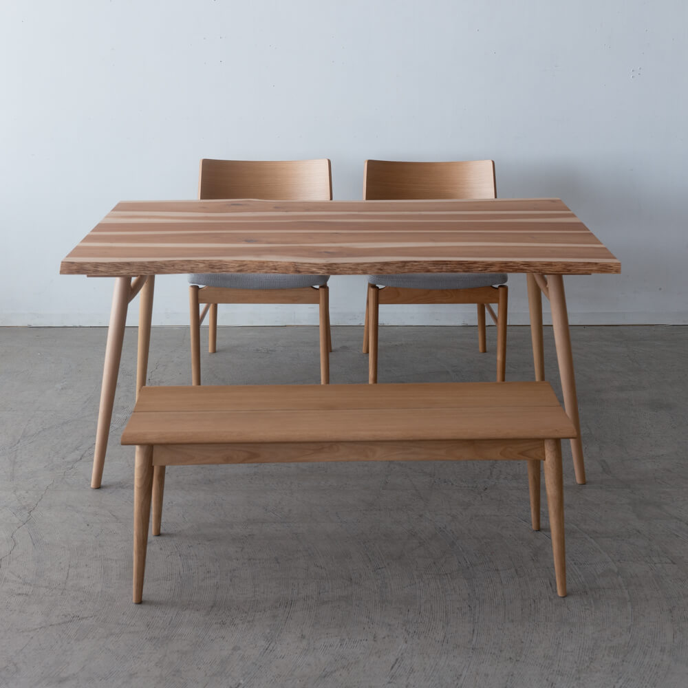 【現品SALE】国産材ダイニングとチェア・ベンチ4点セット ハギテーブル ONLY シュリザクラ W1500 チェア2脚＋ベンチ