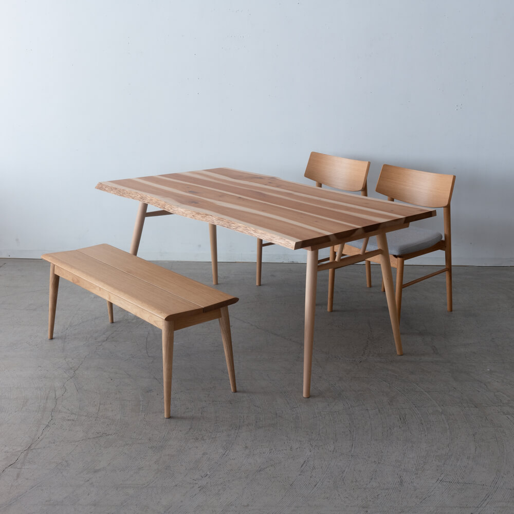 【現品SALE】国産材ダイニングとチェア・ベンチ4点セット ハギテーブル ONLY シュリザクラ W1500 チェア2脚＋ベンチ